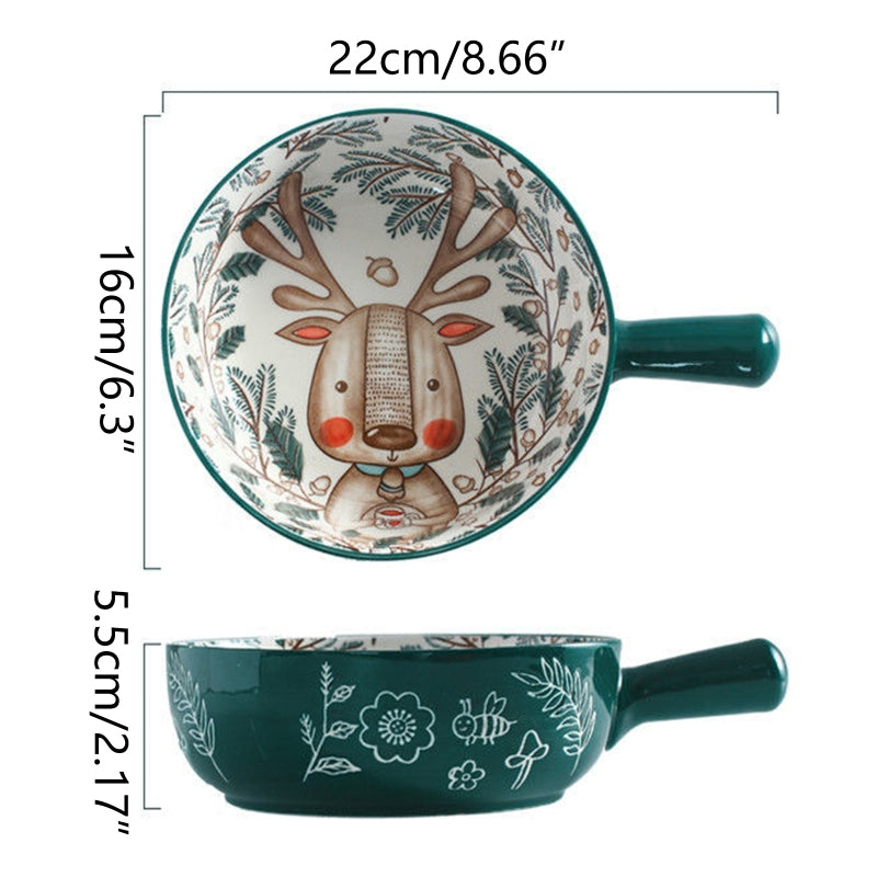 Ceramic Salad Bowl with Handle - Animal Illustration, 16-17cm, Dishwasher Safe
