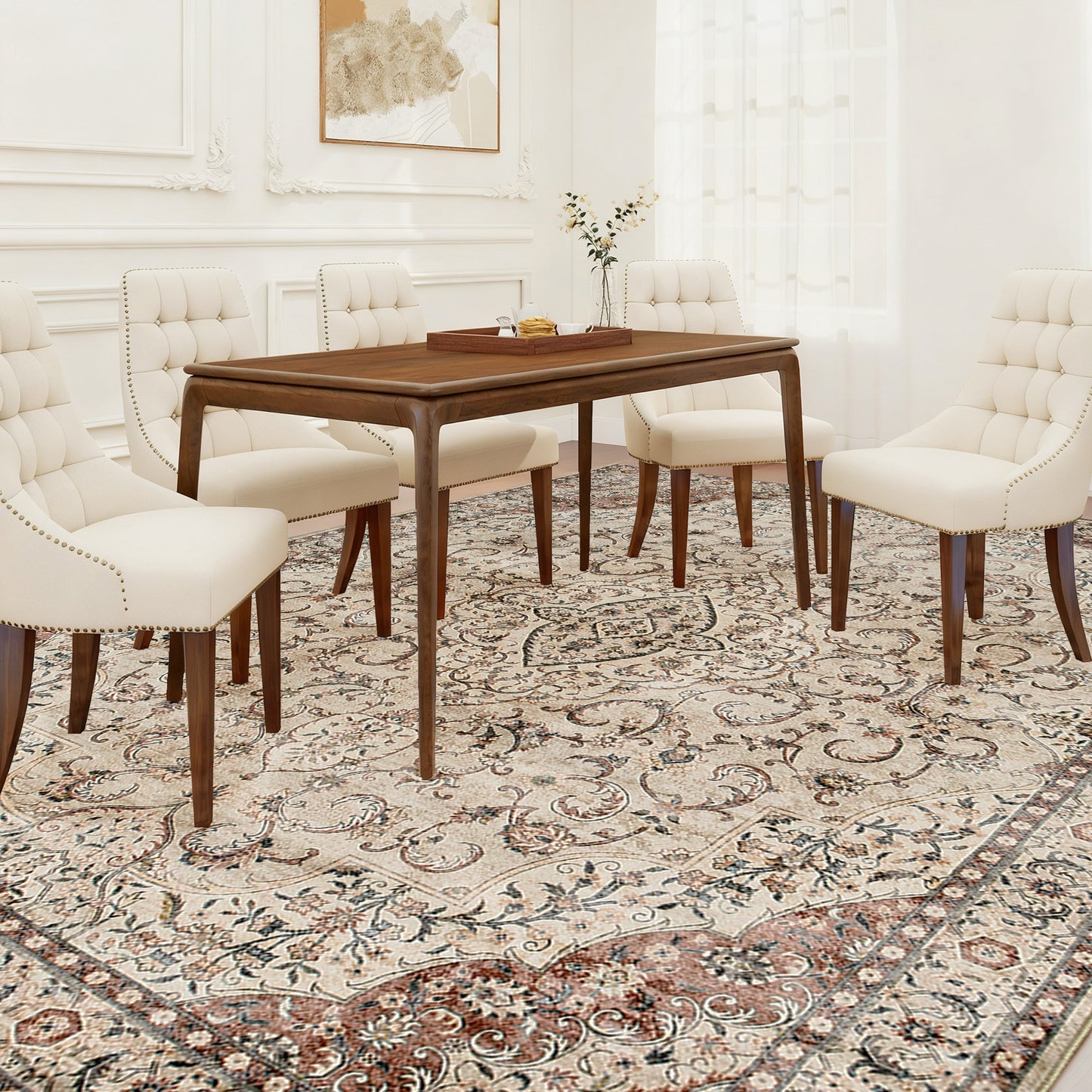 5x7 Area Rug - Machine Washable Floral Print, Non-Slip, Mixed-Brown