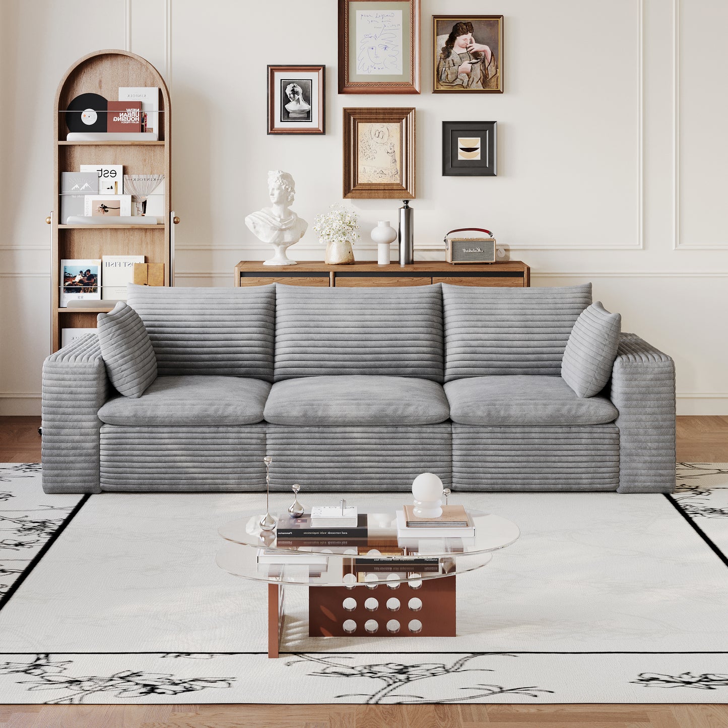 102" Cloud Sofa - Grey Corduroy Fabric, Deep Seat, Removable Cushions