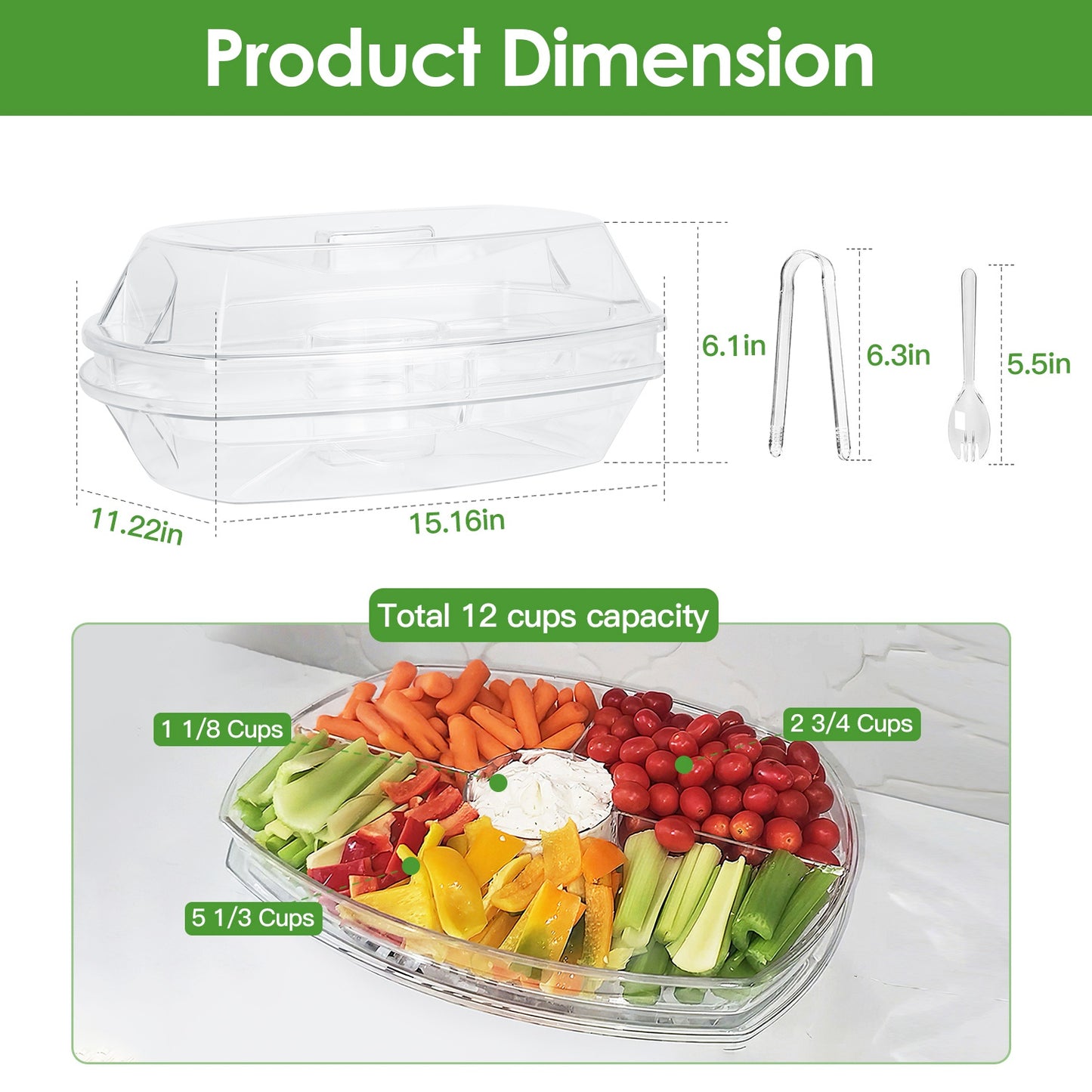 Chilled Veggie Tray with Lid & Compartments - 4-Section Serving Platter