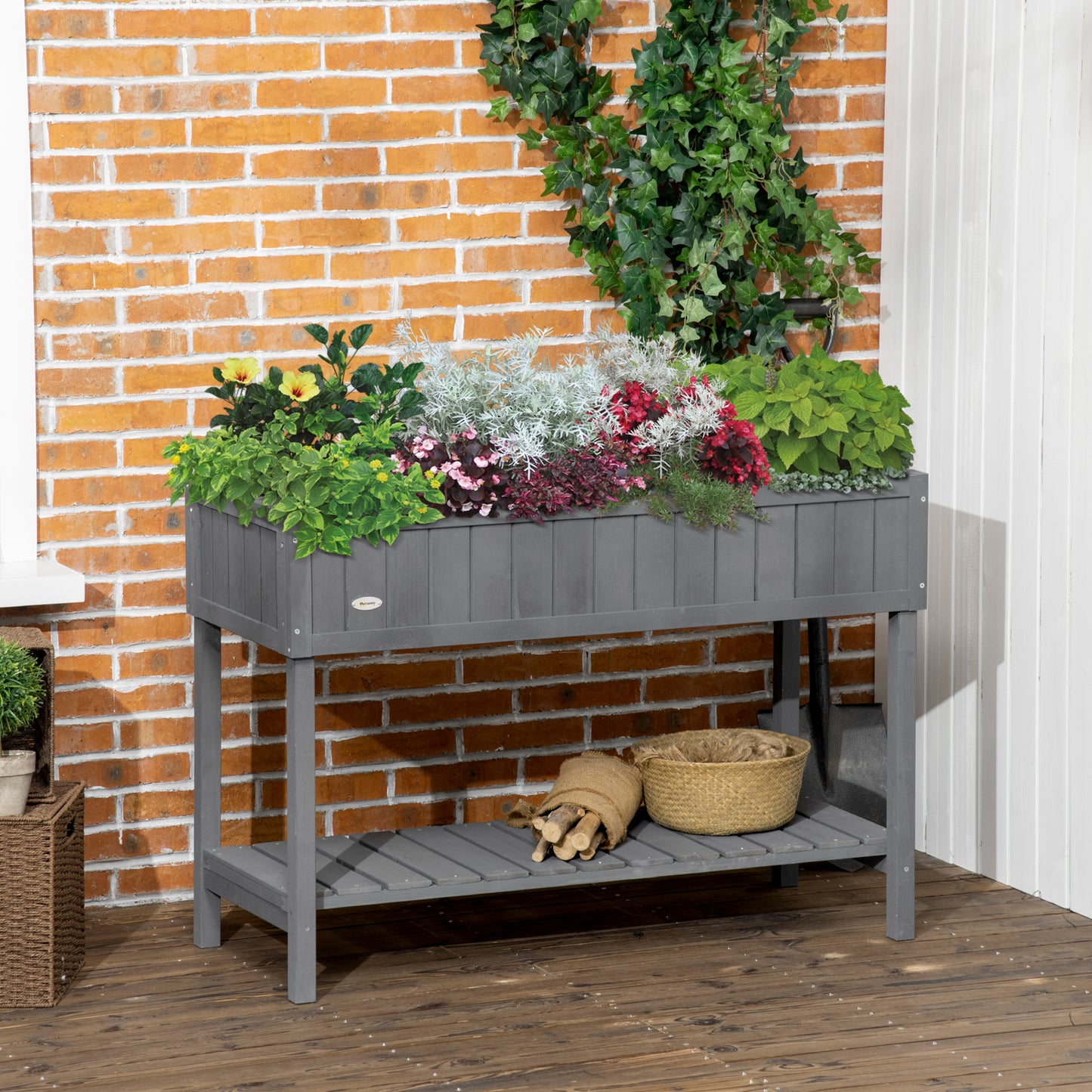 Wooden Raised Garden Bed with 8 Planter Boxes and Open Shelf - Dark Gray
