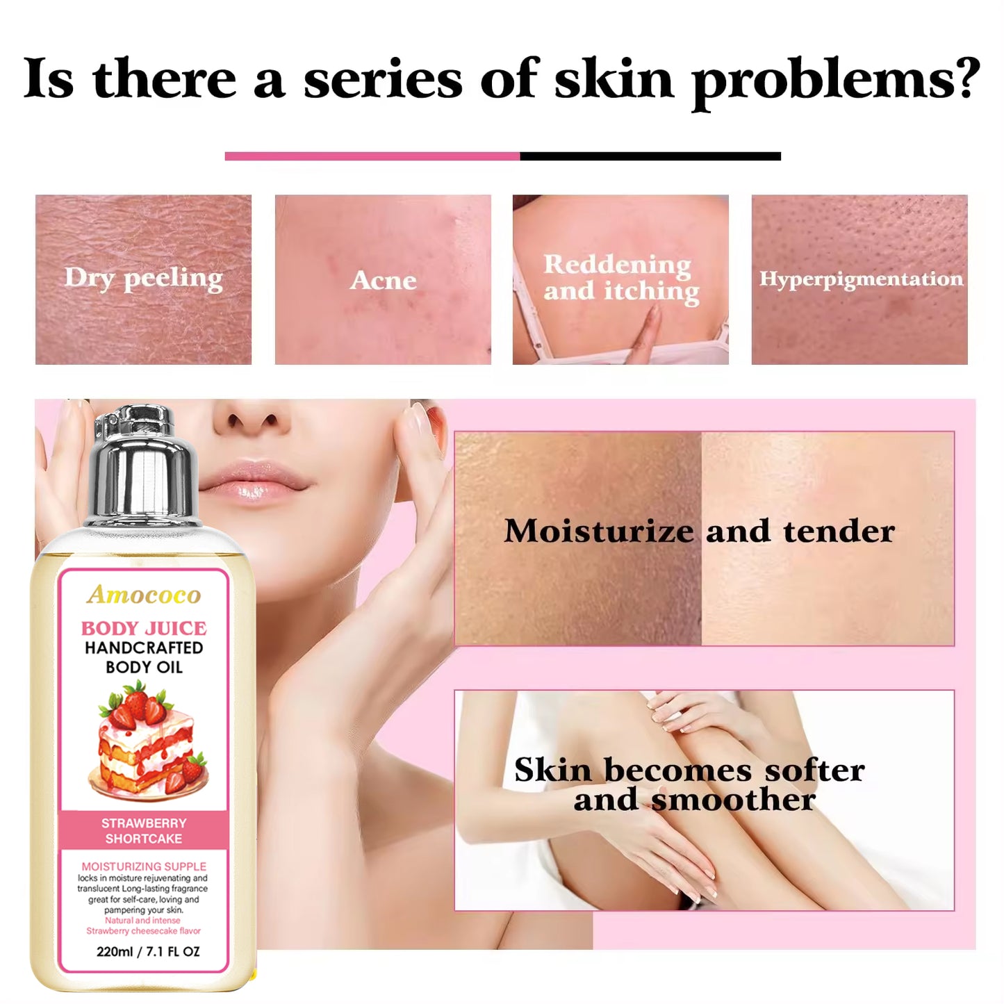 Strawberry Shortcake Moisturizing Body Oil - 660ml Natural Plant-Based Formula