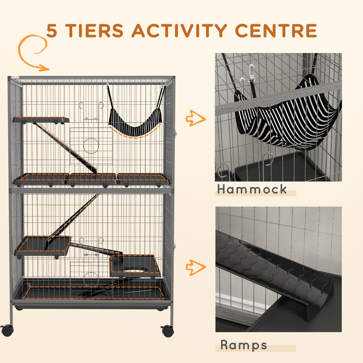50-Inch Rolling Small Animal Cage with Hammock, Removable Tray for Ferrets & Chinchillas - Gray