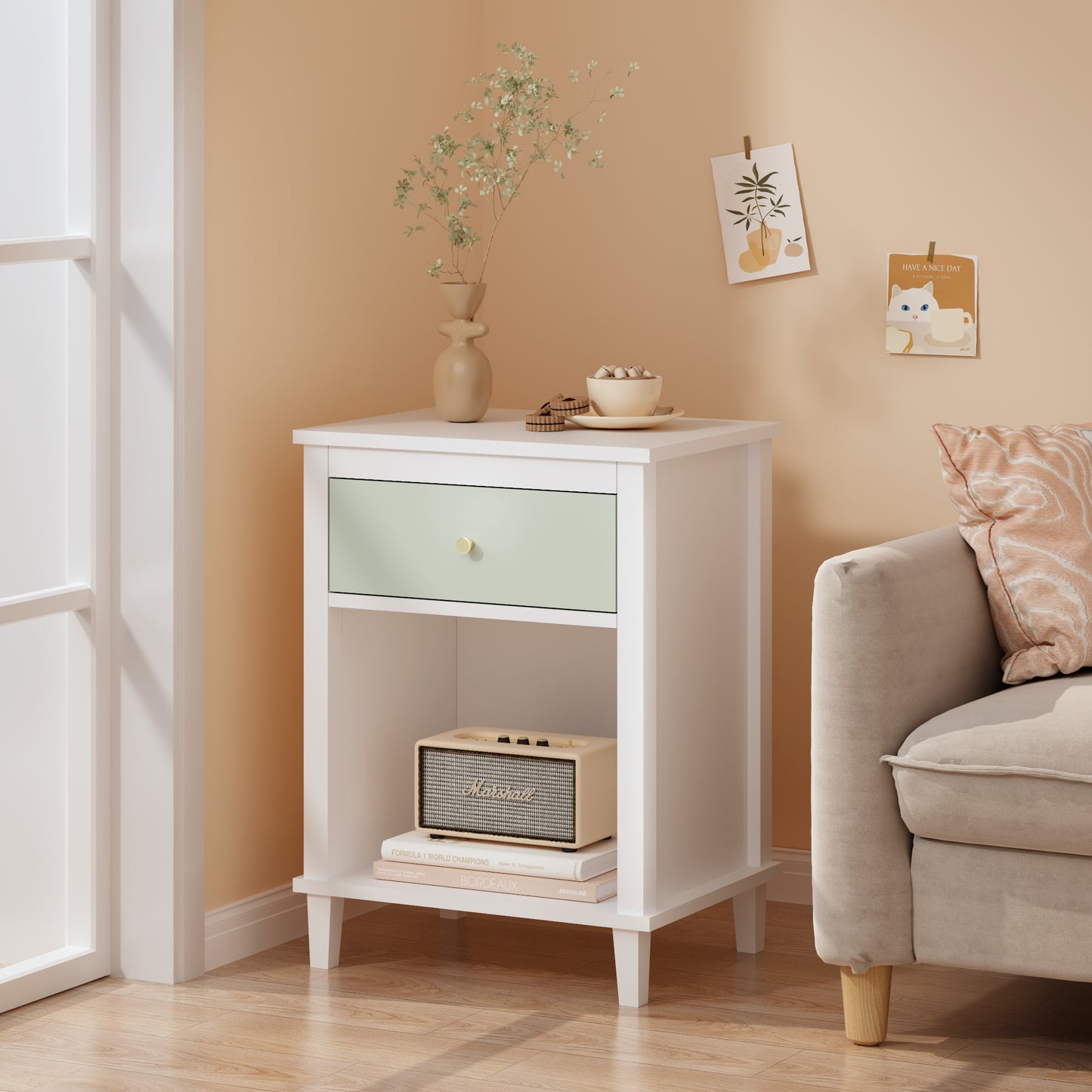 Wooden Nightstand with Drawer and Shelf - White & Green