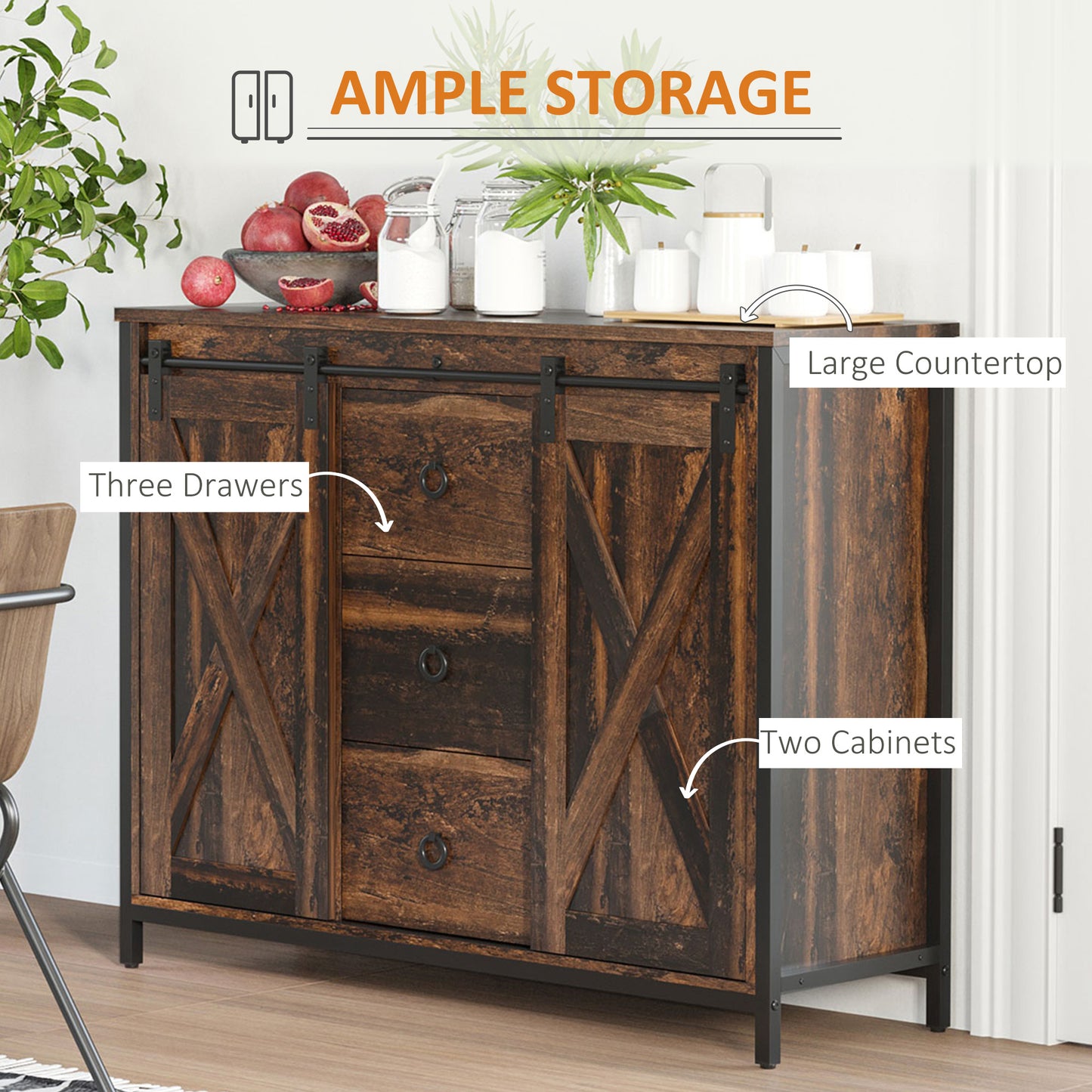 Rustic Brown Buffet Cabinet with Sliding Barn Doors - Kitchen Storage