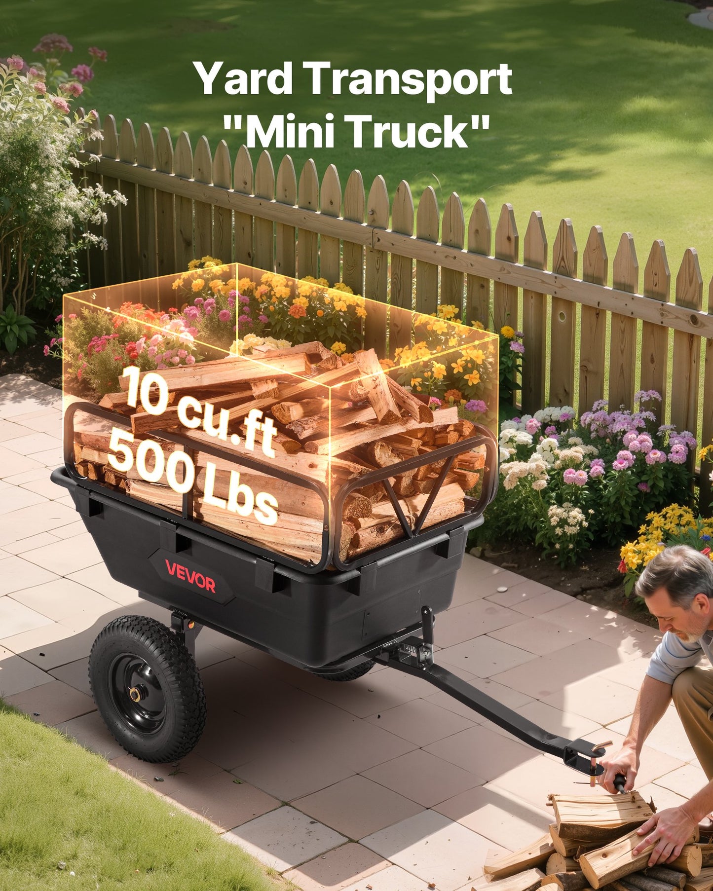 500 Lb Capacity Tow-Behind Garden Trailer Cart with 10 Cu Ft Load - Black