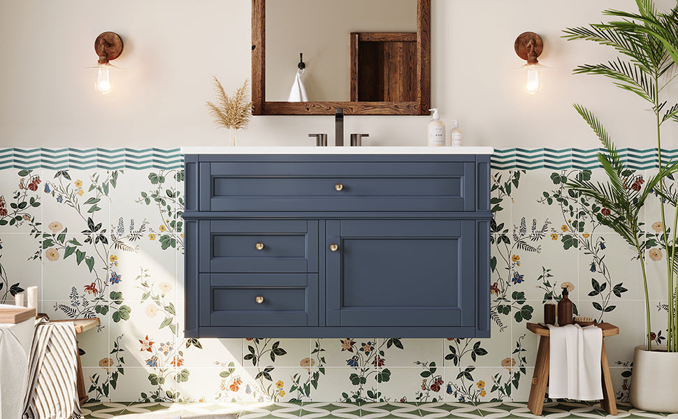 36-Inch Wall Mounted Bathroom Vanity with Ceramic Sink - Blue