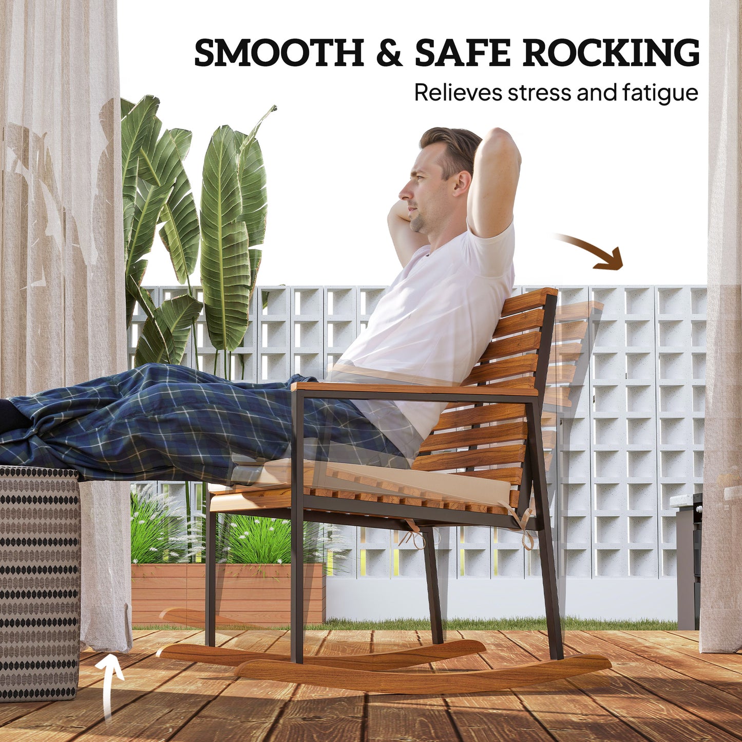 Acacia Wood Outdoor Rocking Chair Set of 2 with Cushions - Cream White