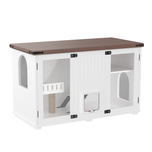 Large Cat Litter Box Enclosure with LED Light and Stairs - White