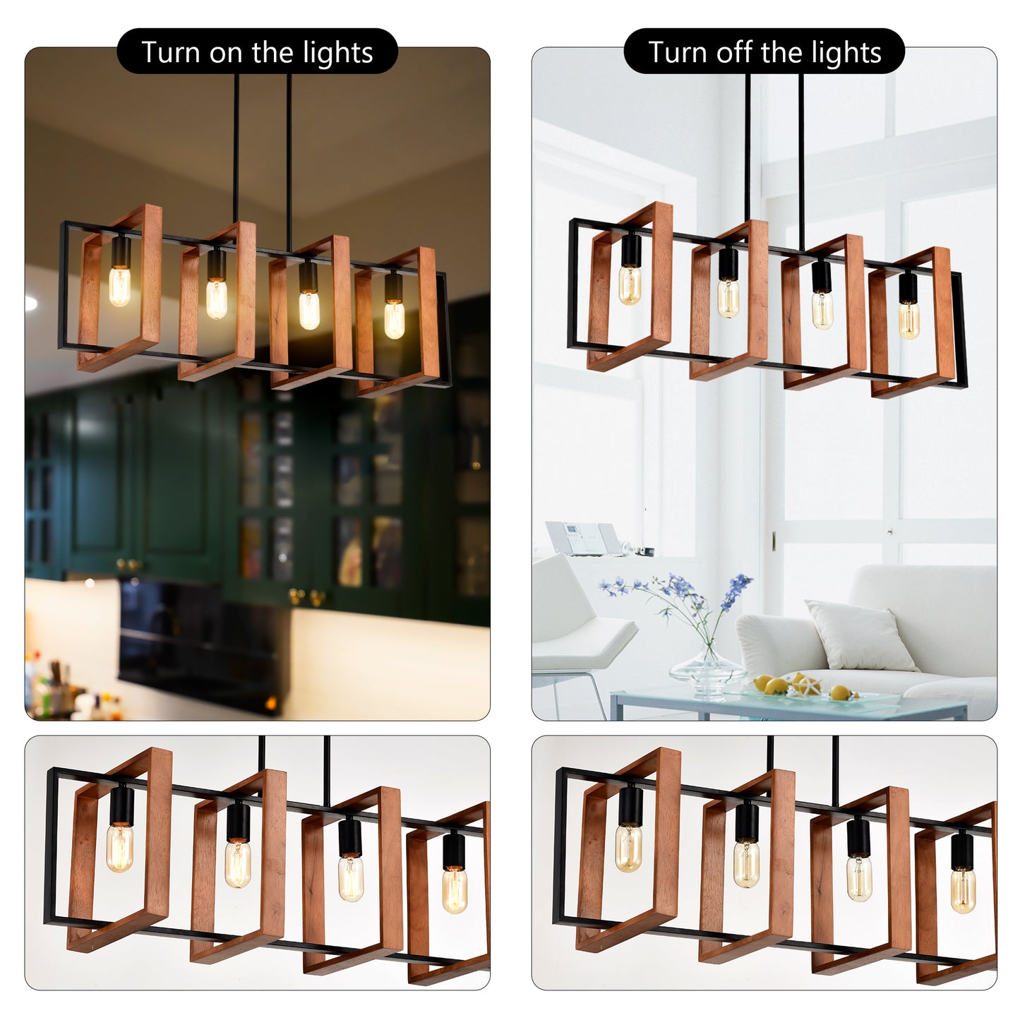 4-Light Farmhouse Pendant Light Fixture with Wooden Finish - Rustic Modern Chandelier for Kitchen & Dining