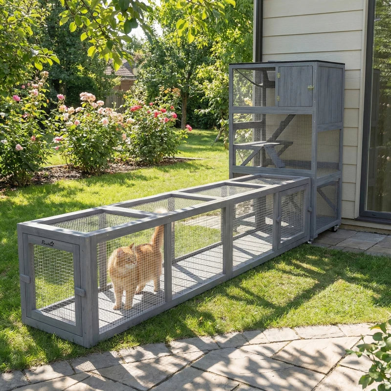 Wooden Cat Run with Weather Protection, Indoor & Outdoor Cat Shelter - Dark Gray