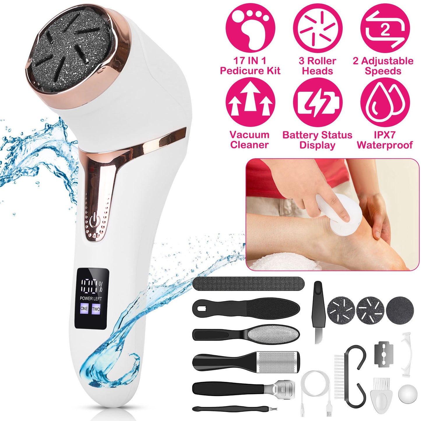 17-Piece Electric Foot Callus Remover with Vacuum and 3 Grinding Heads