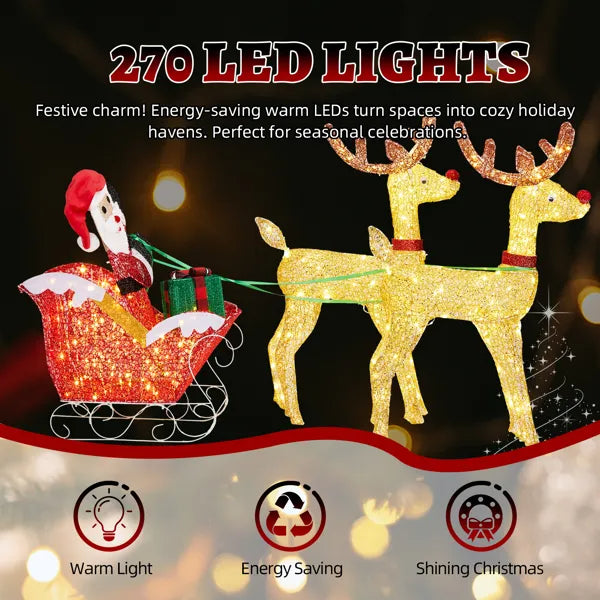 Lighted Reindeer Pulling Sleigh Christmas Decoration - Pre-lit Holiday Decor