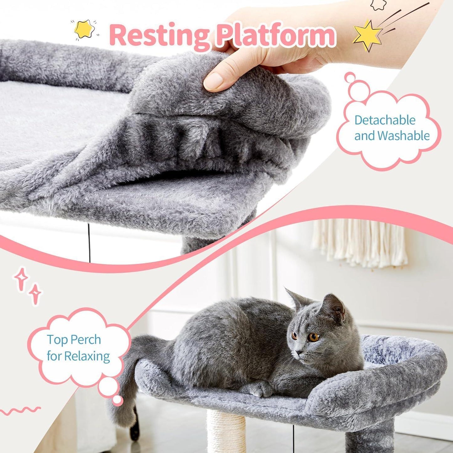 Small 4-in-1 Cat Tree Tower with Self-Grooming Brush & Sisalg Scratching Post - Grey