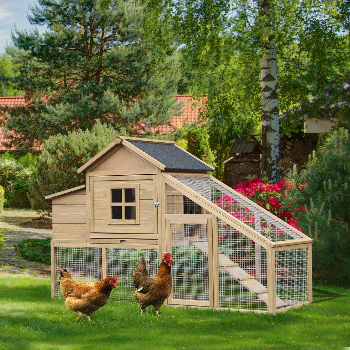 69-Inch Wooden Chicken Coop with Ramp Nesting Box Ventilated Window & Tray