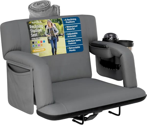 Premium Reclining Stadium Seat with Back Support - Grey, 25" Wide