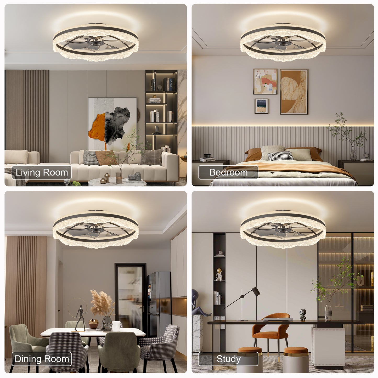 Quiet Ceiling Fan with Light - LED Crystal Flush Mount Design