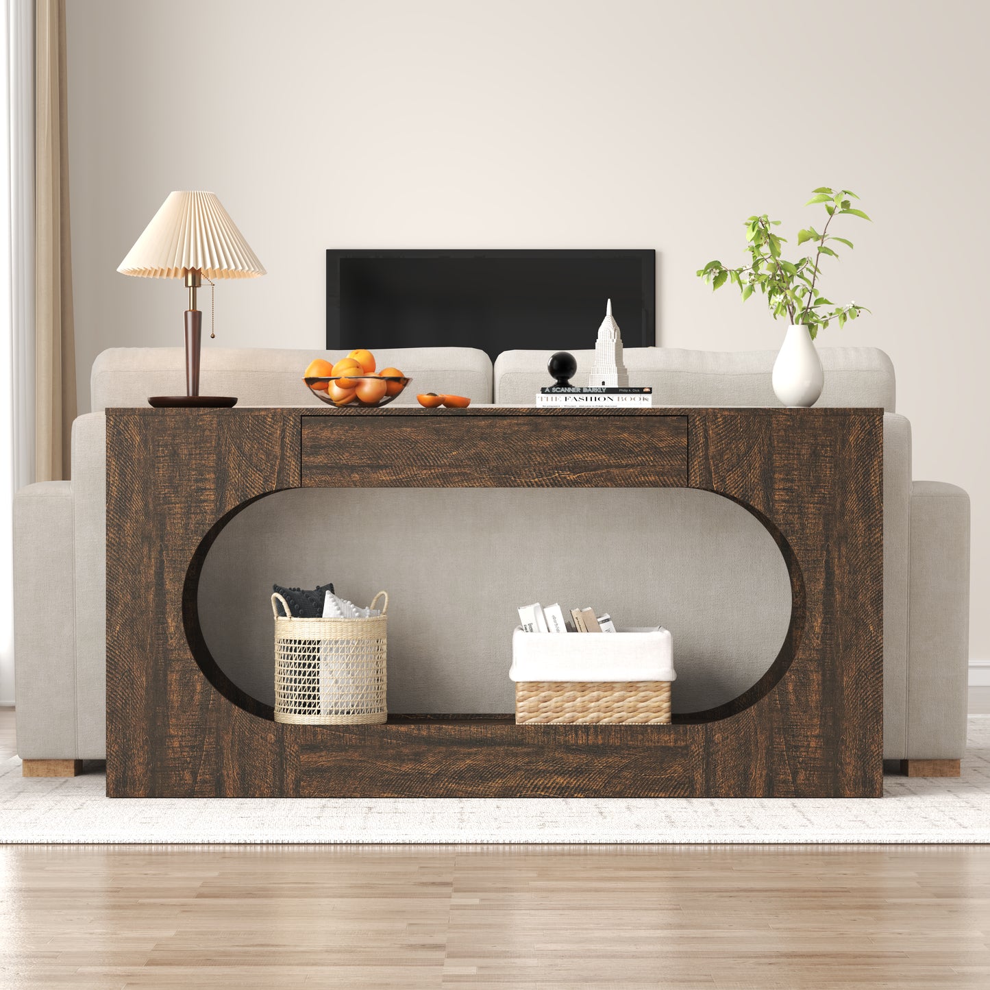 Narrow Walnut Wood Grain Console Table with Drawer - 63"