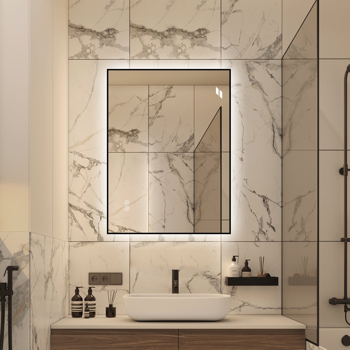 24" x 32" LED Bathroom Mirror - Backlit, Anti-Fog, Dimmable, Black Frame