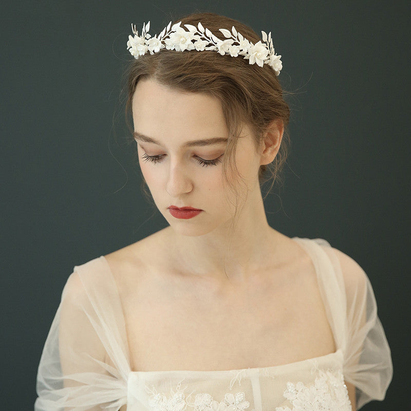 Bridal Tiara Crown Headband Handmade Ceramic - Silver