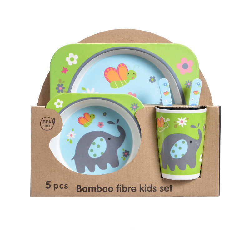 Baby Bamboo Tableware Set 5pcs - Cartoon Childrens Dinnerware for Kids