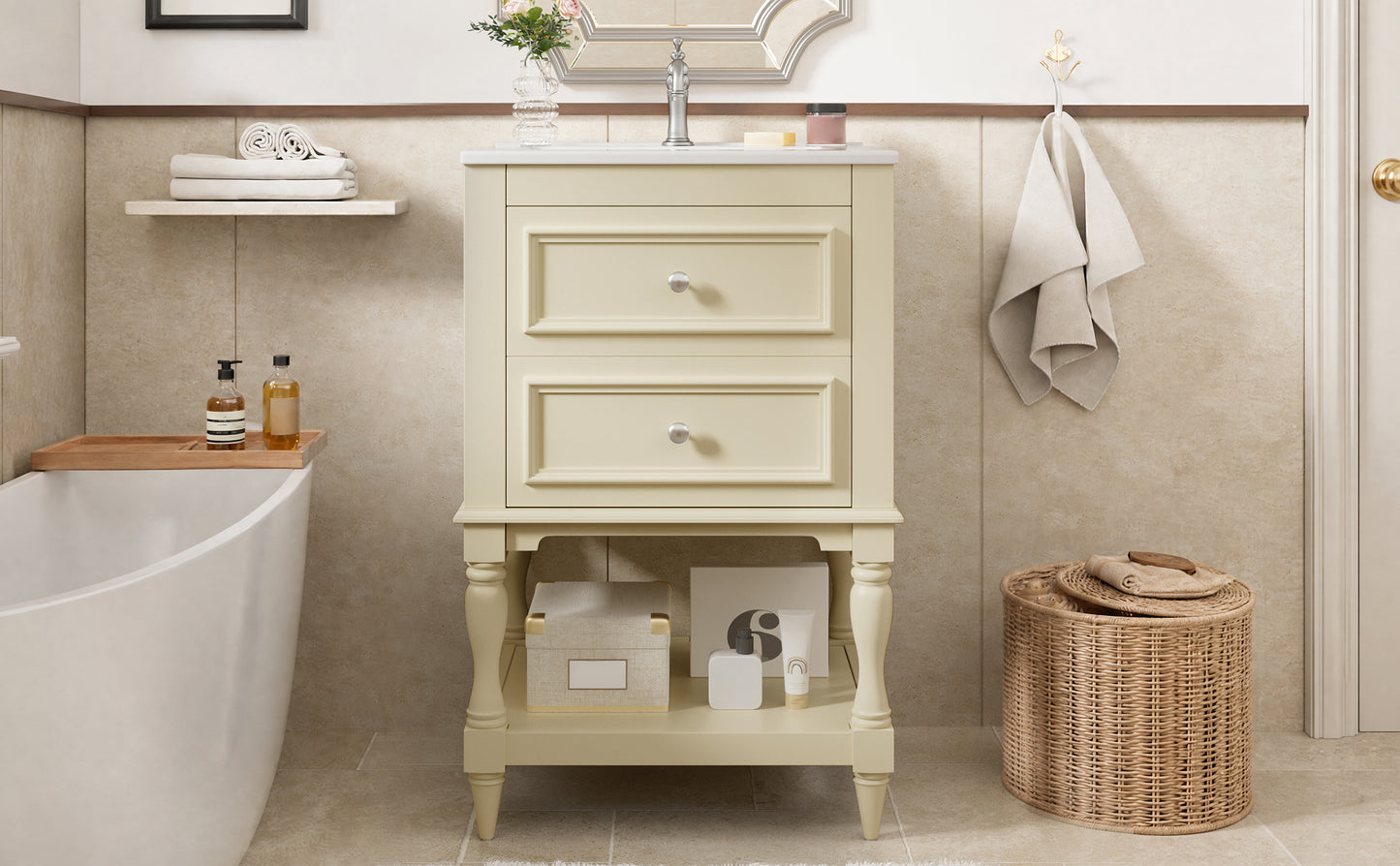 20'' Beige Bathroom Vanity with Ceramic Sink & 2 Drawers