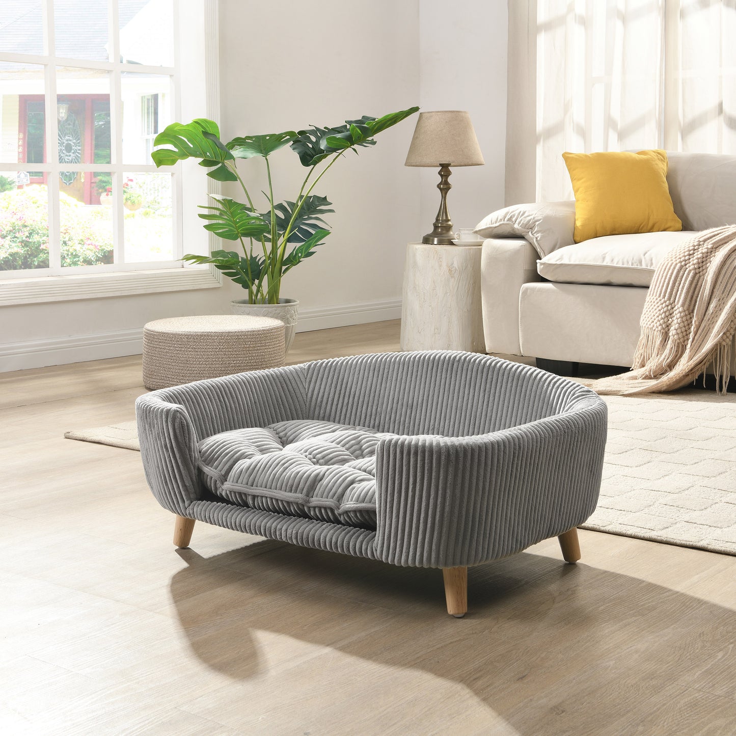 Small Dog Elevated Bed Frame with Corduroy Cushion & Rubber Wood Legs - Grey