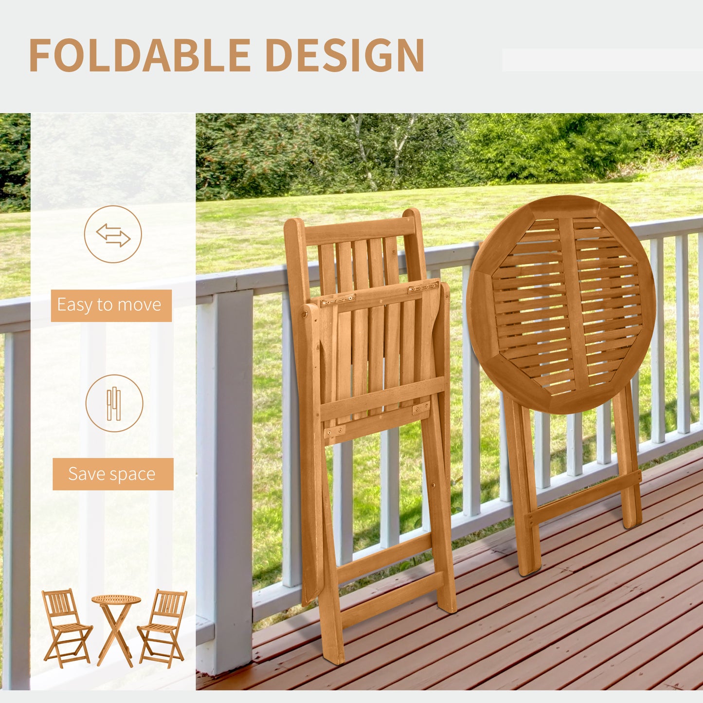 3-Piece Folding Acacia Wood Bistro Set with Chairs & Table