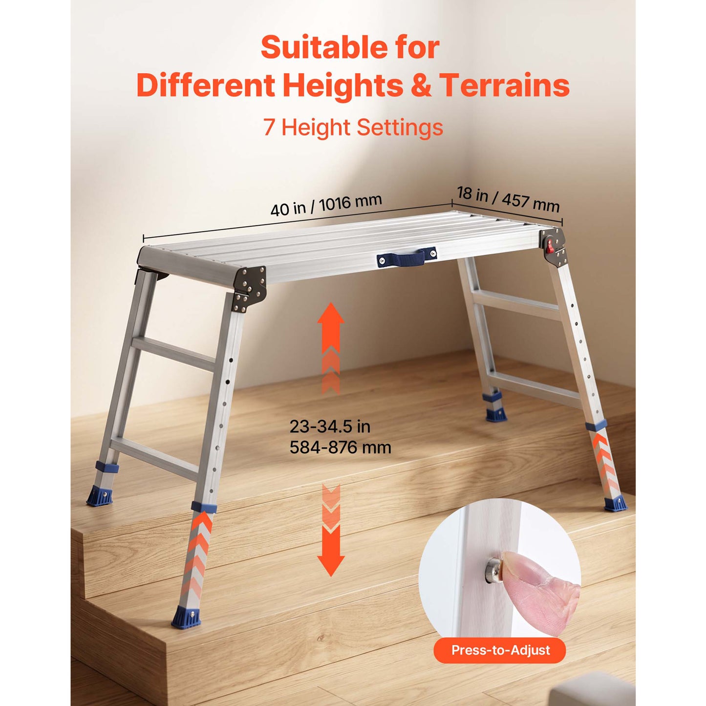 Adjustable Folding Work Platform Ladder - Heavy Duty Aluminum Step Stool, 500 Lb Capacity