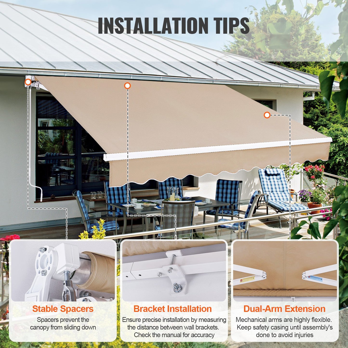 8x7 Ft Retractable Patio Awning Sun Shade Water-Resistant Polyester with Crank