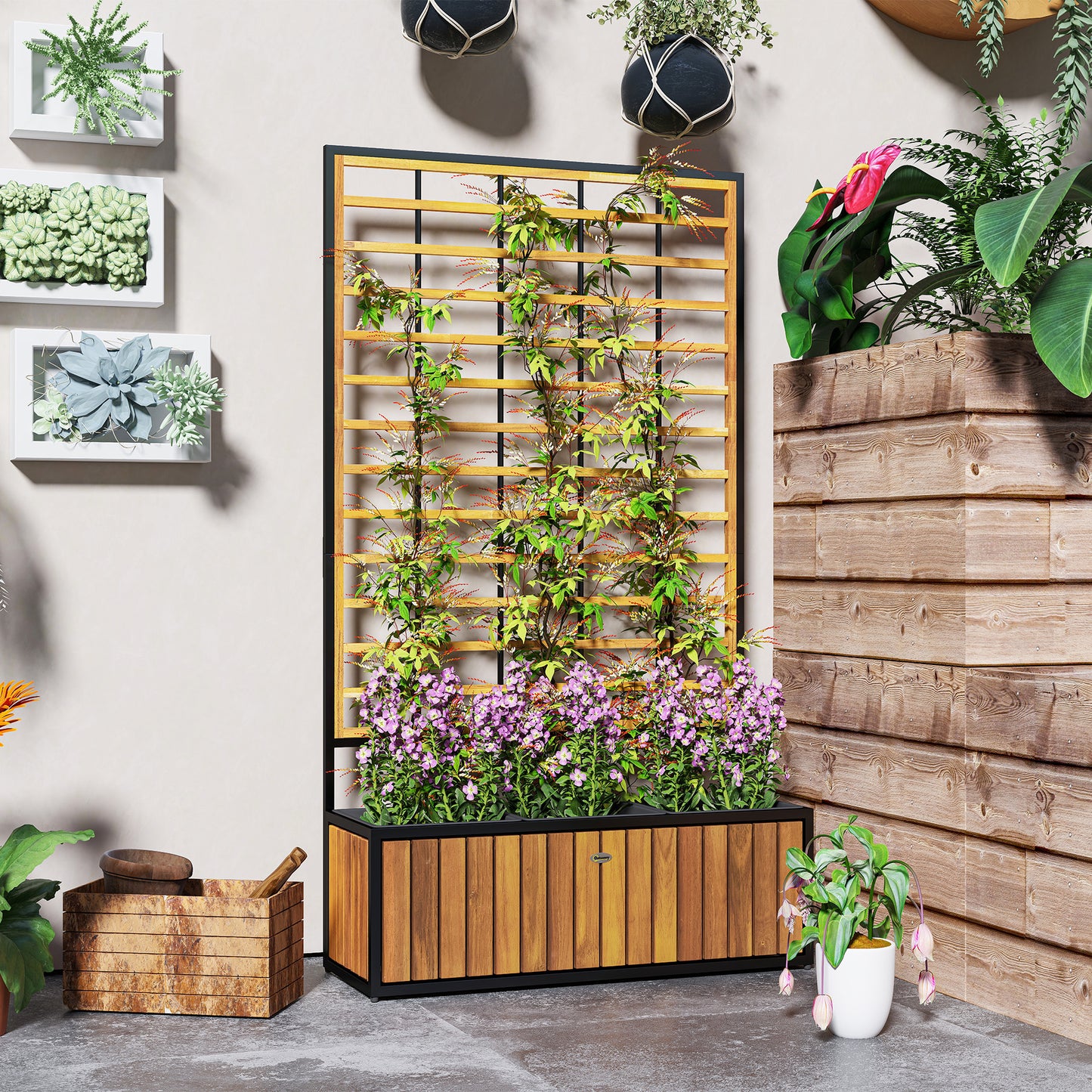 Wooden Raised Garden Bed with Trellis and Removable Pots - Teak, 29x11x52 Inches