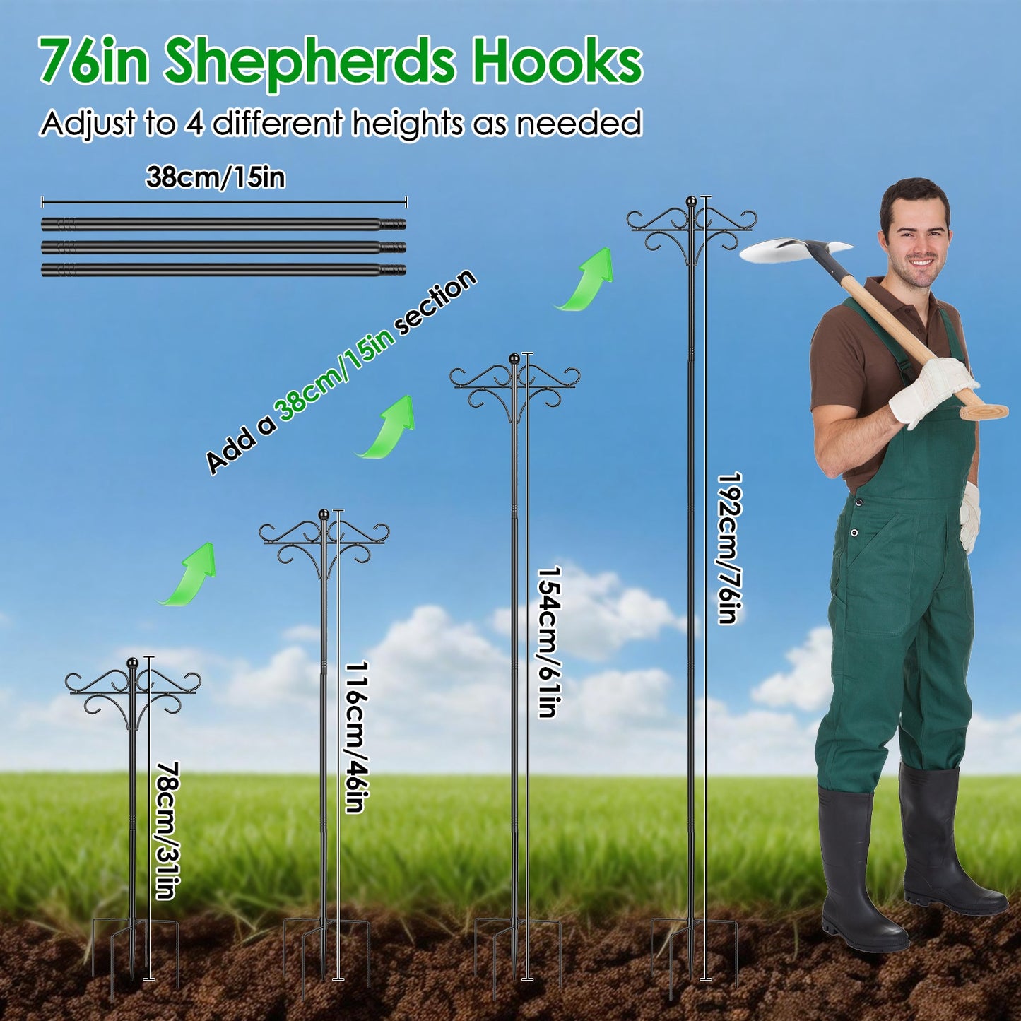 Heavy Duty Double Shepherds Hook Garden Pole - Adjustable Outdoor Bird & Plant Hook