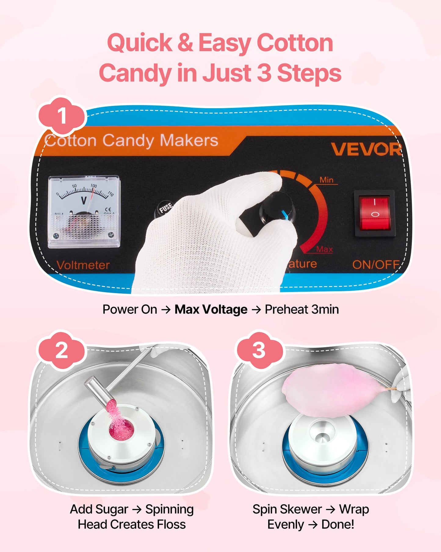 Electric Cotton Candy Machine 1000W Commercial Floss Maker with Cover & Stainless Steel Bowl