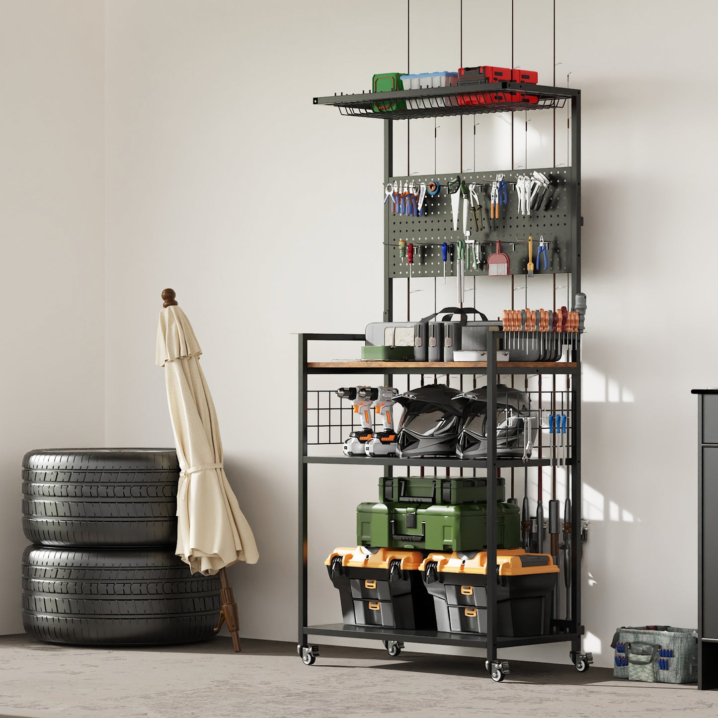 Heavy Duty Fishing Rod Storage Rack with Pegboard & Lockable Wheels
