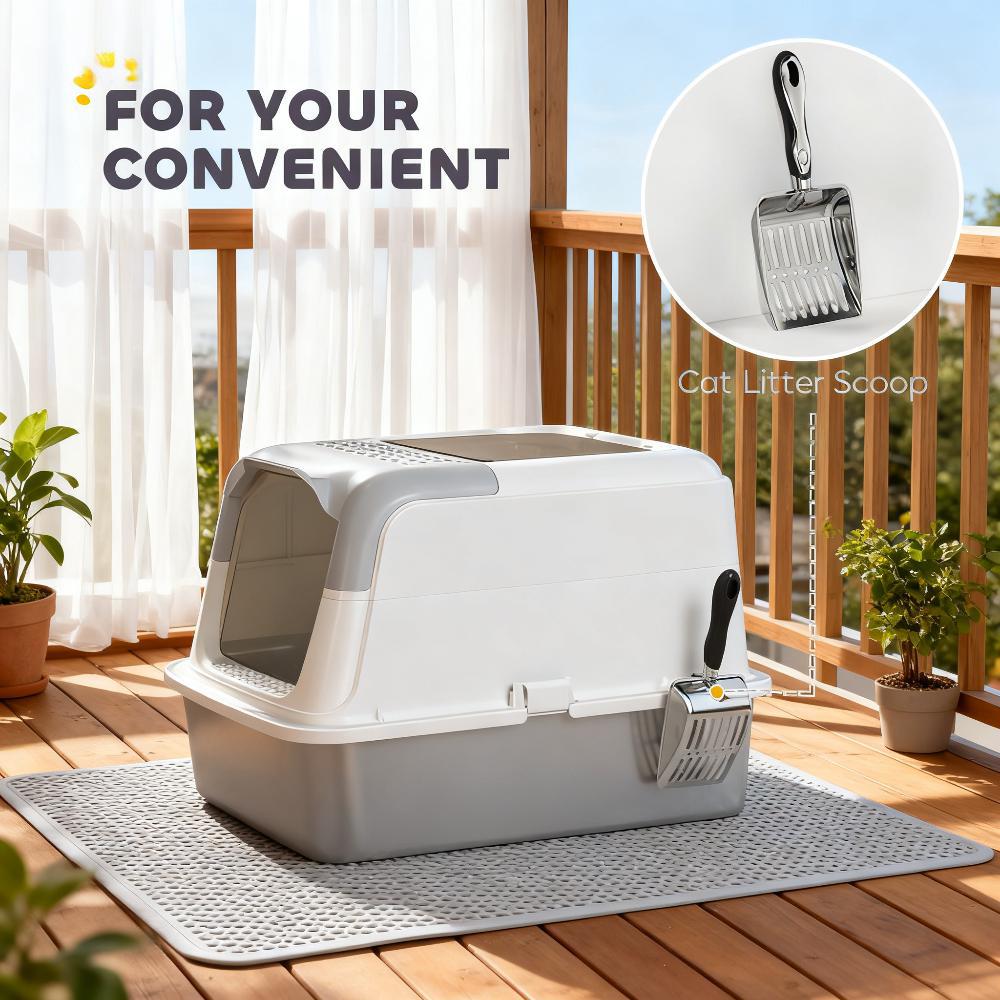 Enclosed Cat Litter Box with Scoop and Deodorizer - Gray/White