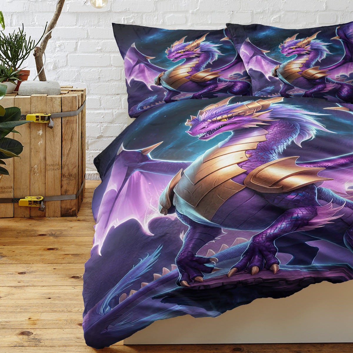 Purple Dragon Bedding Set for Kids - 3D Wildlife Pattern Duvet Cover & Pillow Shams