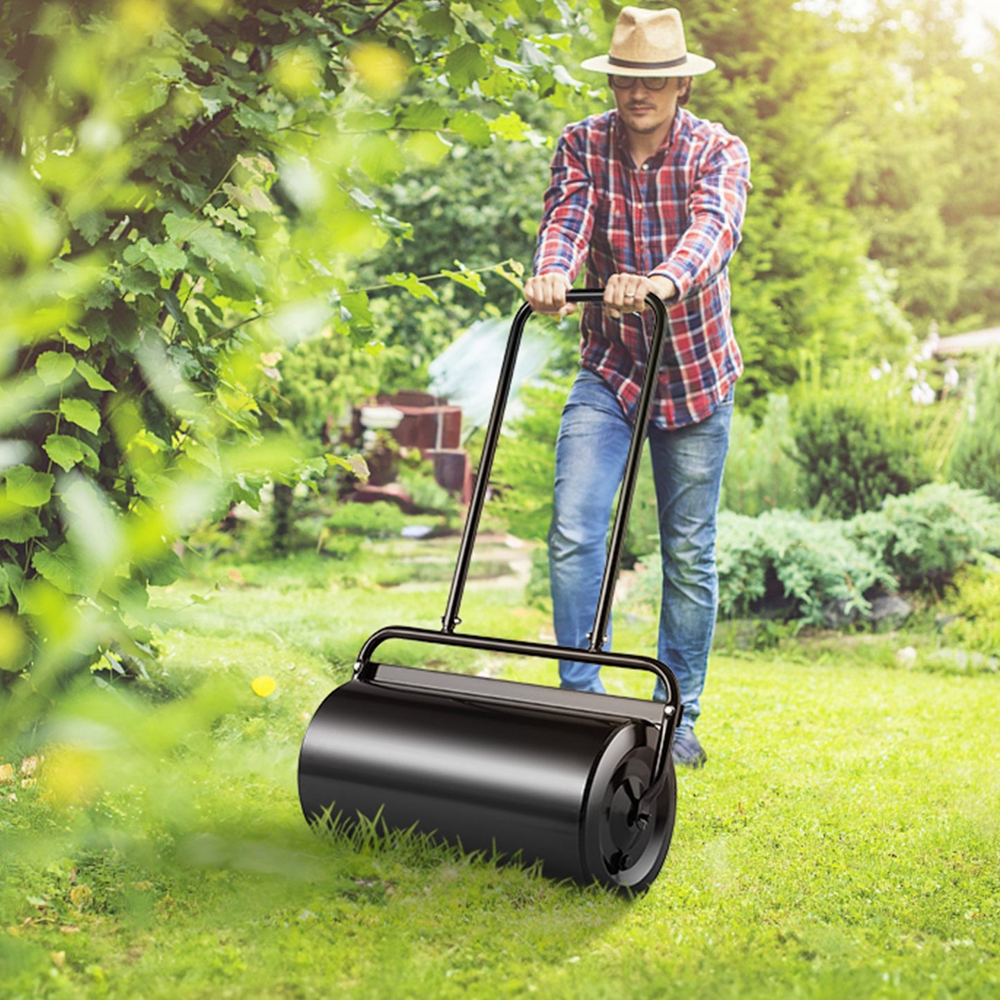 Garden Lawn Roller 13 Gallon Steel Sand Water Filled Push & Pull Yard Tool Black