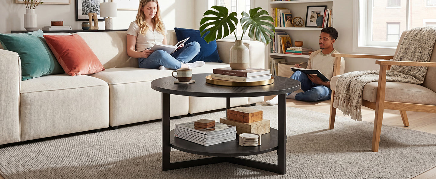 31.5-Inch Round Black Coffee Table - Industrial Modern Design