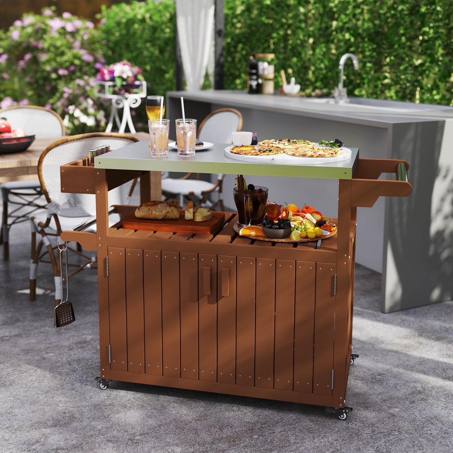 Outdoor Bar Cart with Stainless Steel Top & Storage - Brown