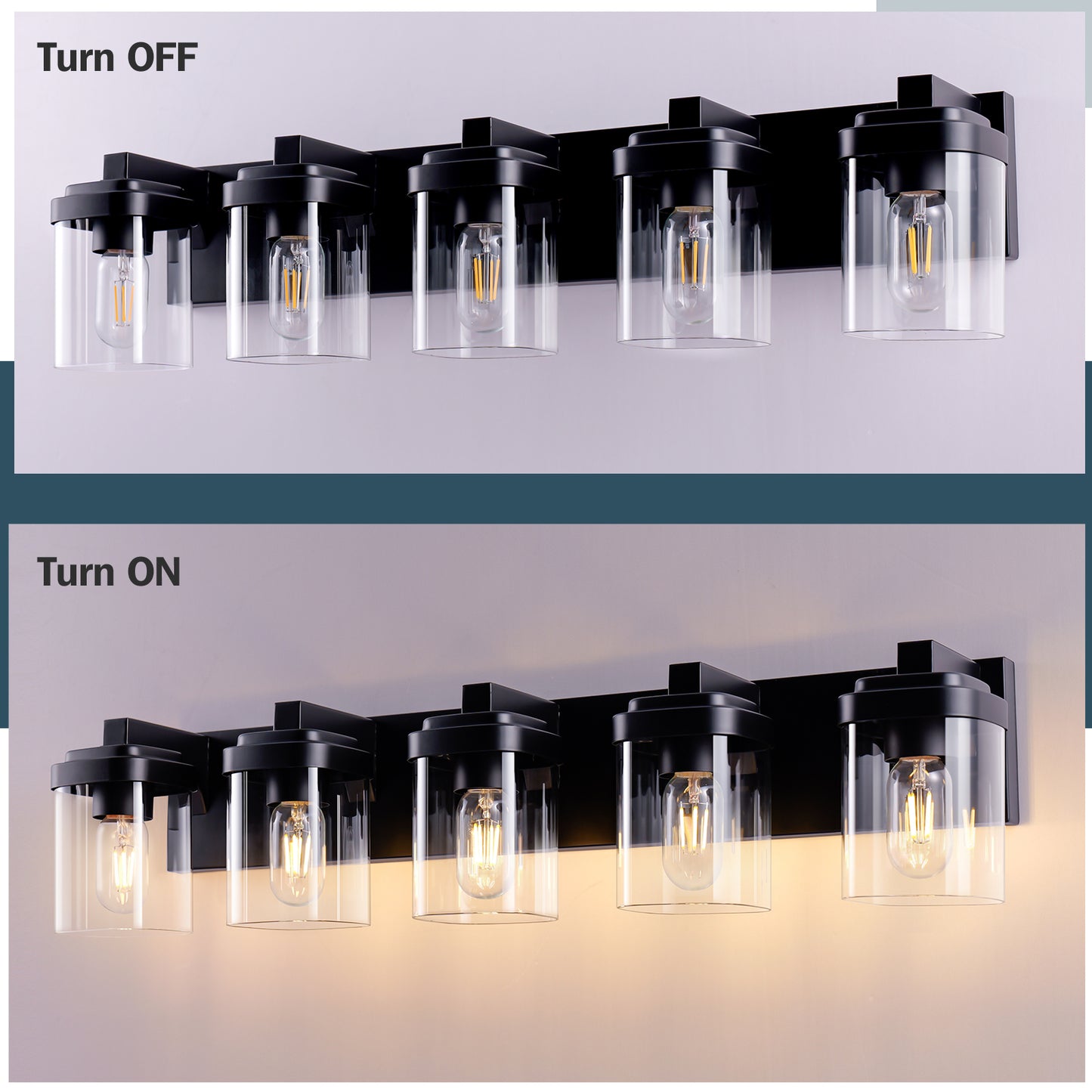 5-Light Matte Black Bathroom Vanity Light Fixture with Clear Glass Shades, Over Mirror Wall Sconce, No Bulbs Included