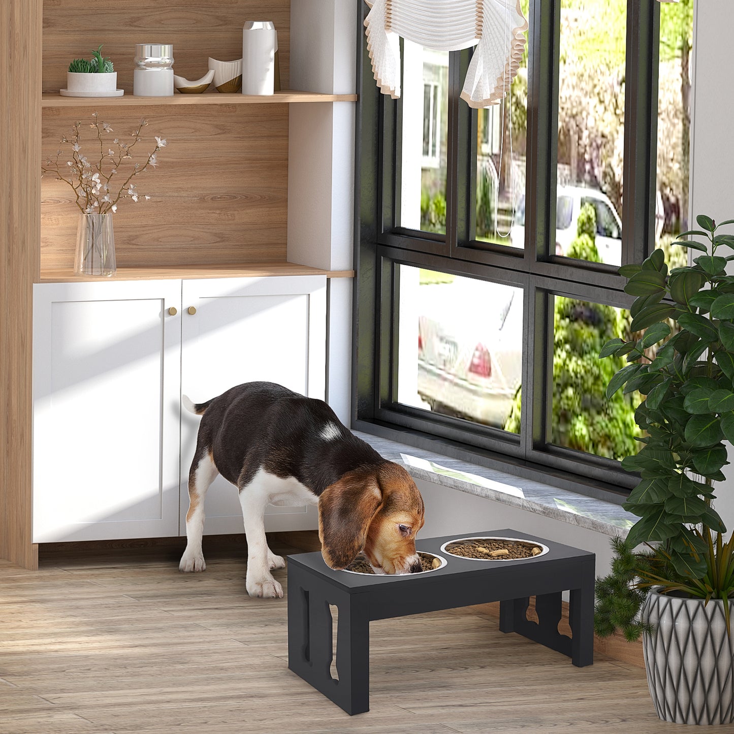 23-Inch Modern Elevated Dog Bowl Set with Stainless Steel Bowls - Black