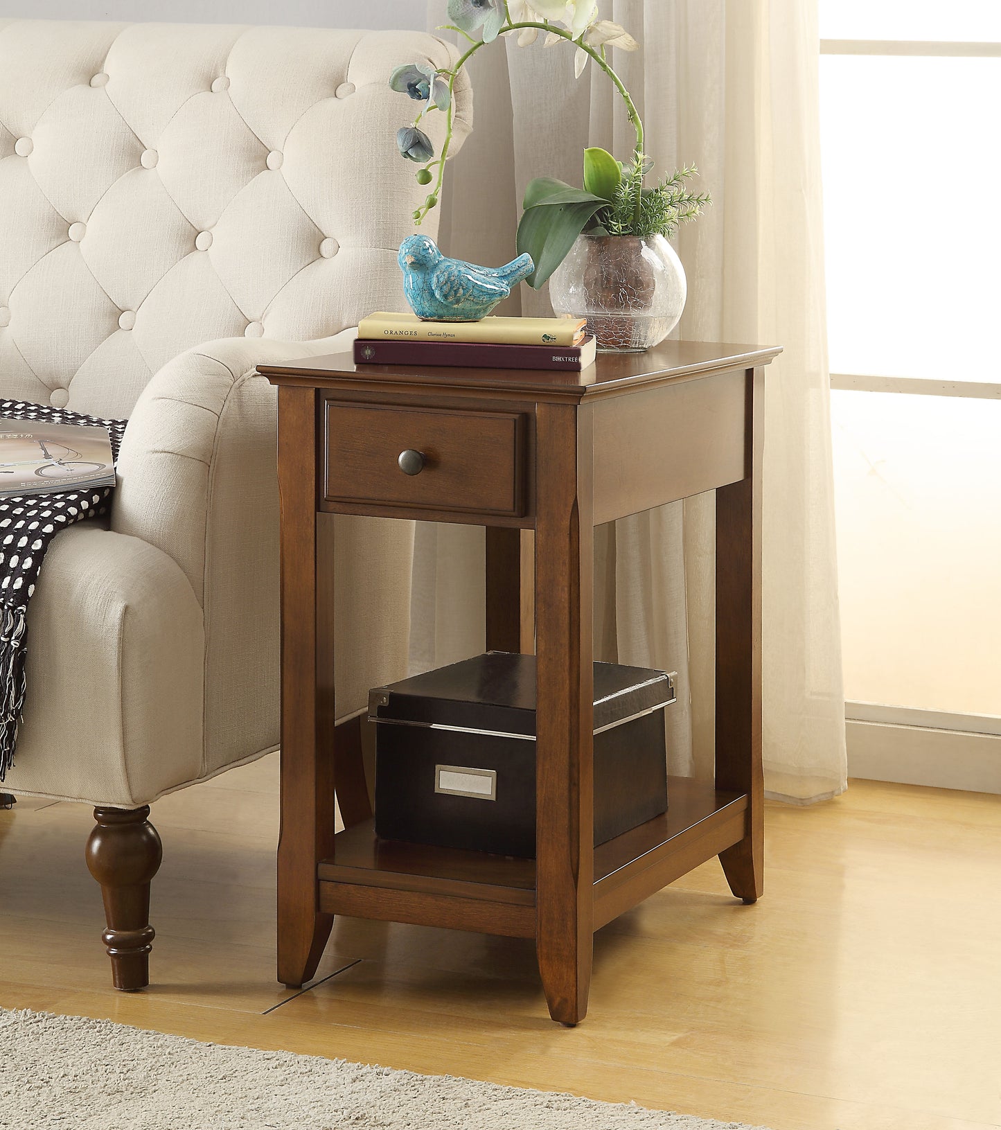 Walnut Finish Accent Table with Open Storage Shelf