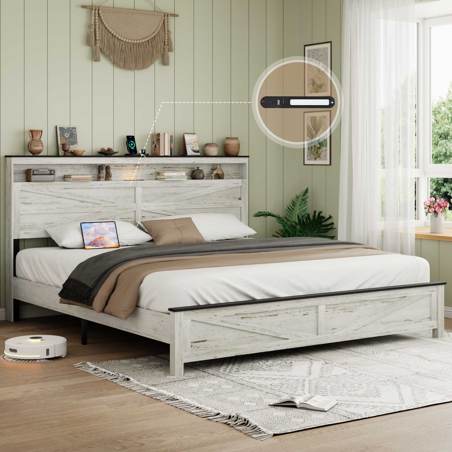 King Wood Platform Bed Frame with Hidden Storage & USB Ports