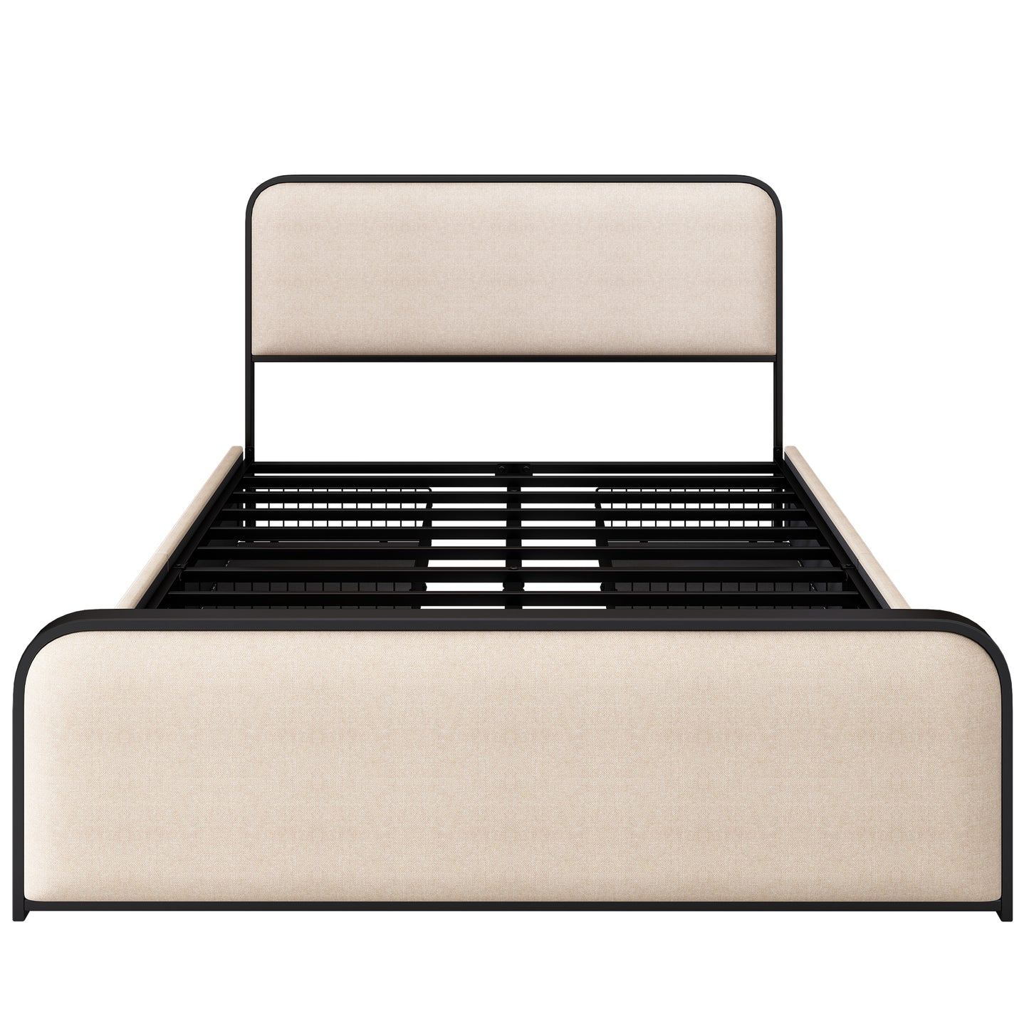 Queen Size Modern Metal Bed Frame with Upholstered Headboard & 4 Drawers - Beige