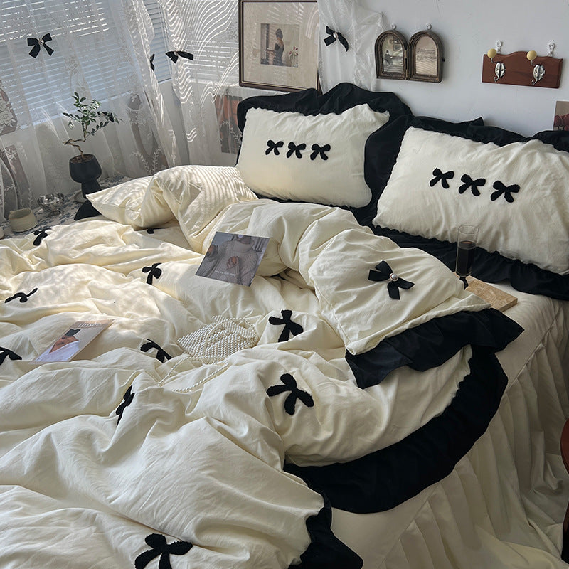 Cream Ins Girl Bow Lace Cotton Bedding Set - Multiple Sizes & Patterns
