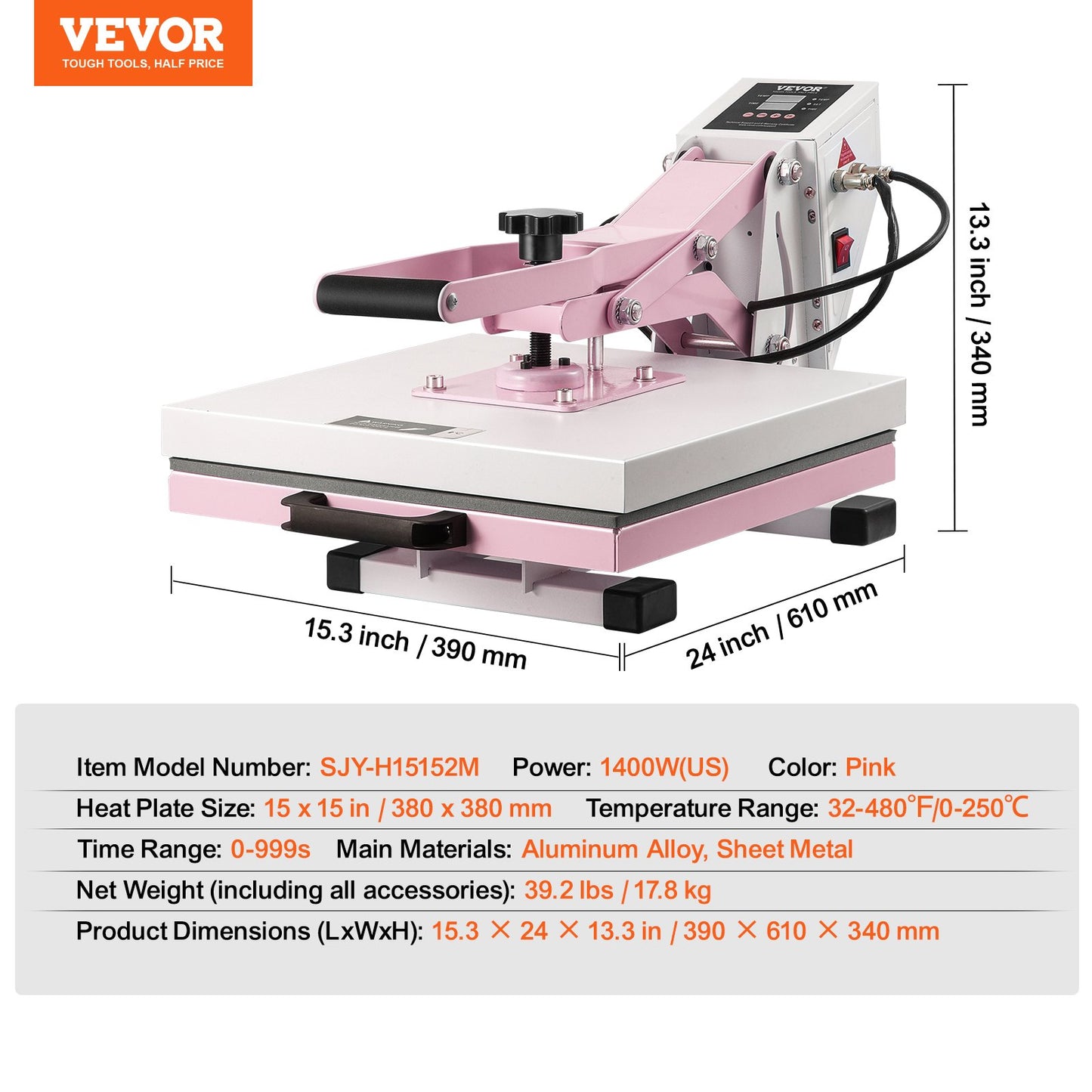 15x15 Inch Digital Heat Press Machine for T-Shirts & Transfers - Pink