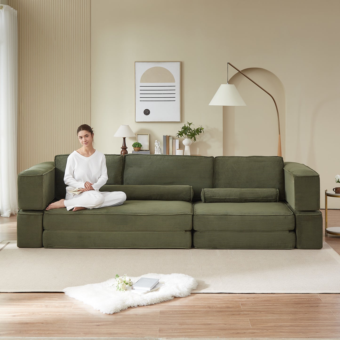 Large Army Green Corduroy Sofa - Modular Design for Living Room