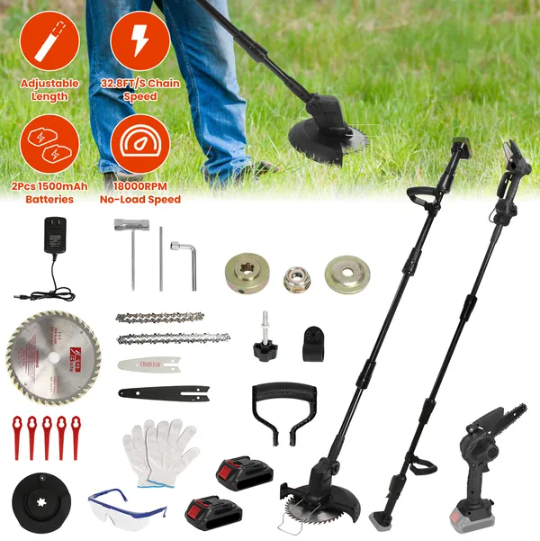 3-in-1 Cordless Garden Pole Saw Mini Chainsaw & Grass Trimmer Kit, Adjustable Length