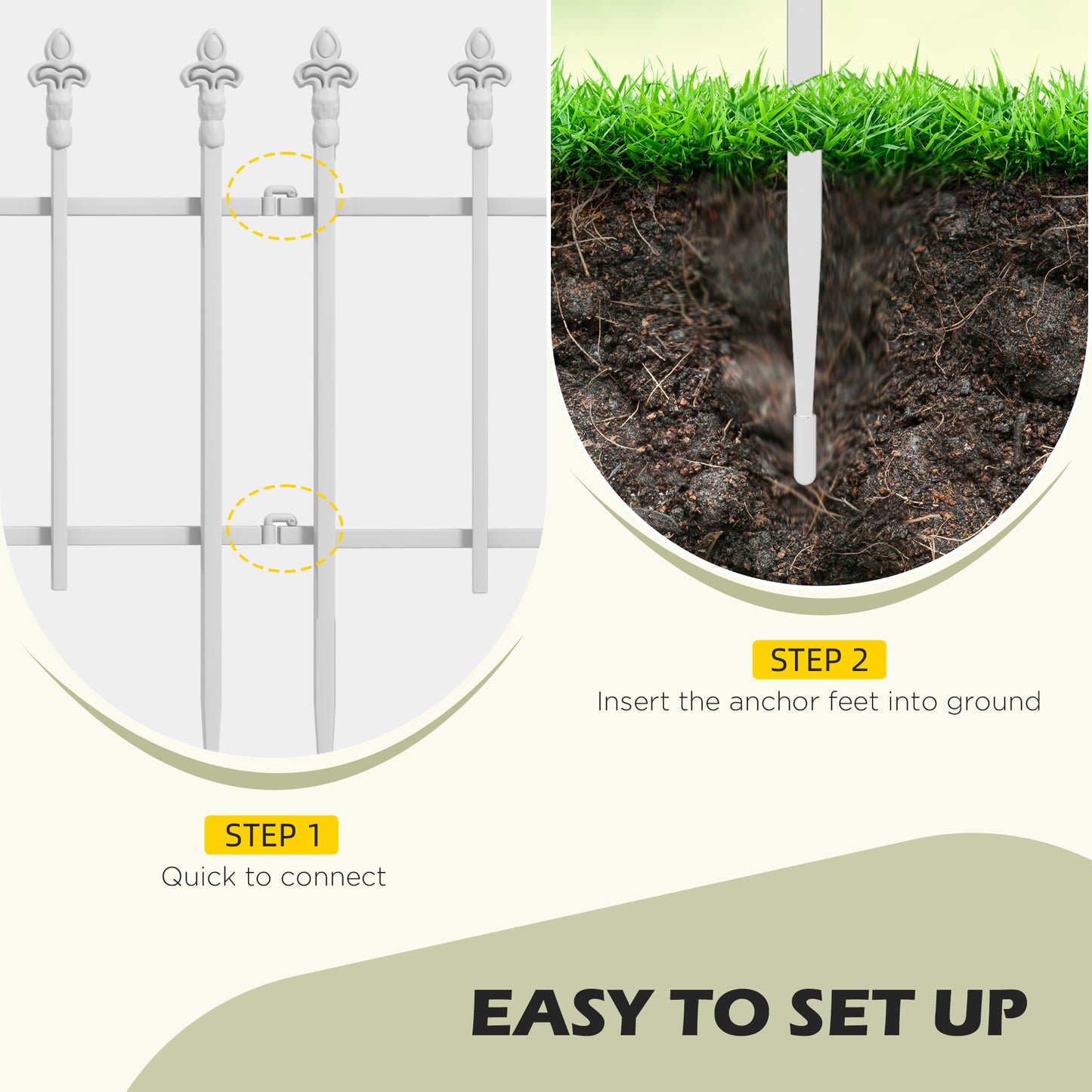 Decorative Steel Garden Fence Panels - 5 Pack, White, 110.25" L