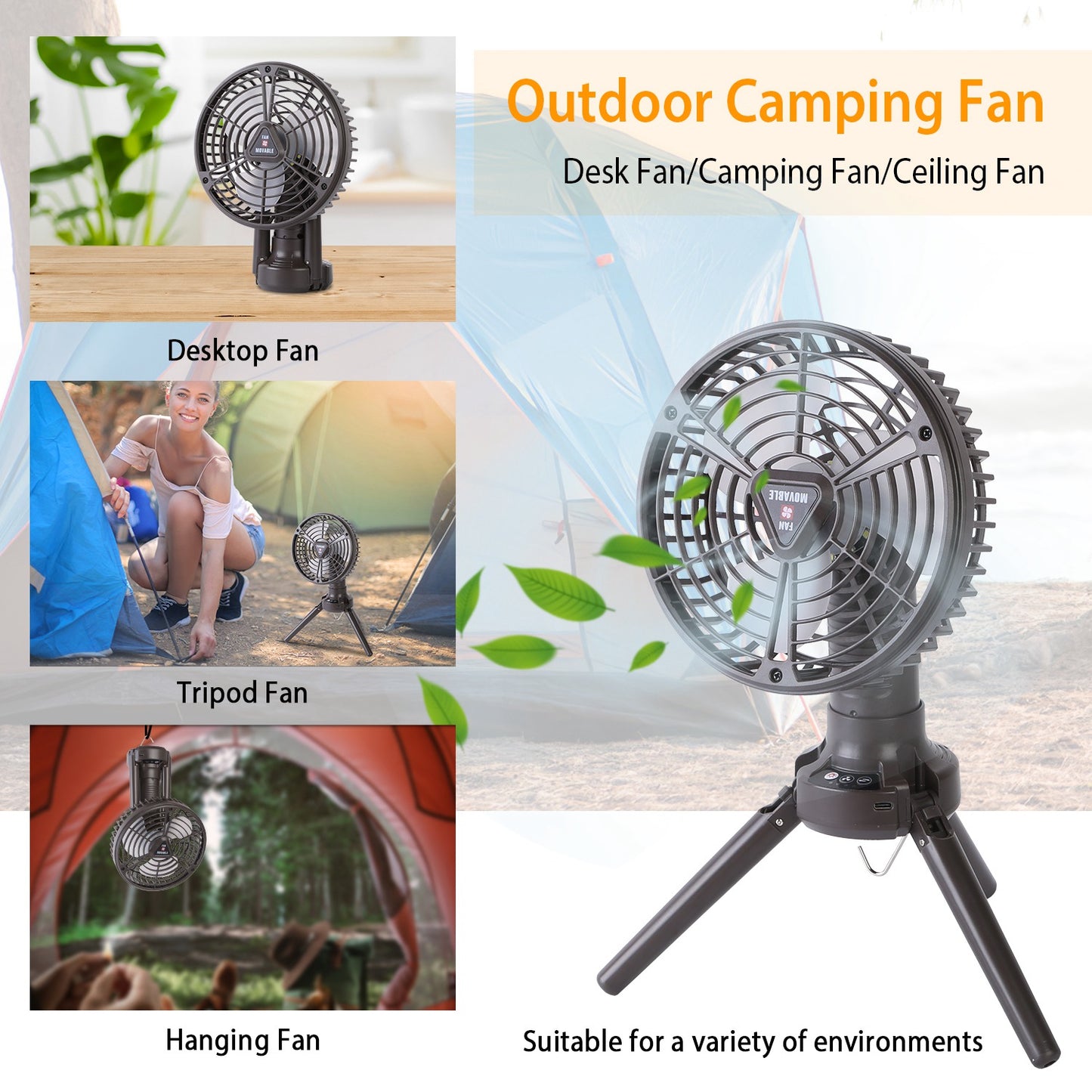 10400mAh Portable Camping Fan with LED Light - Black
